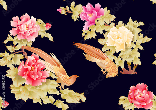Peony tree branch with flowers with pheasants in the style of Chinese painting on silk Seamless pattern, background. Colored vector illustration. On black, dark blue background.