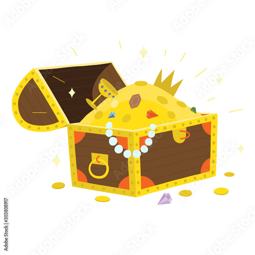 Wooden open treasure chest on a transparent background, vector illustration. 