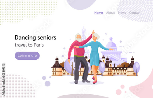 Joint travel to Paris. Elderly man senior age person dancing on the street of city. Vacations, trip to Europe. People on the background of tourist landmarks. Vector illustration landing page