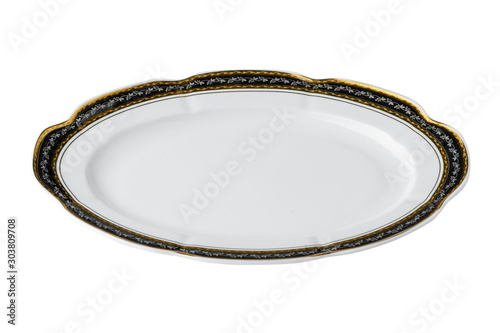 White ceramic table plate with golden border isolated on white background