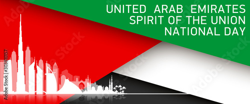 48 UAE National day flat paper layered card. 2 december, 48 UAE National day, Spirit of the union banner. United Arab Emirates flag with silhouette city attractions Abu Dhabi and Dubai.