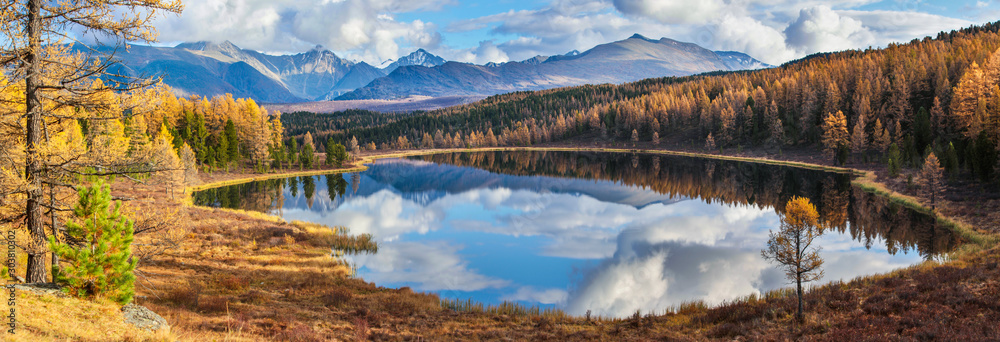 Panoramic view of the forest lake, Altai, Siberia. Bright autumn day. Taiga, beautiful sky and reflection in the water. - obrazy, fototapety, plakaty 