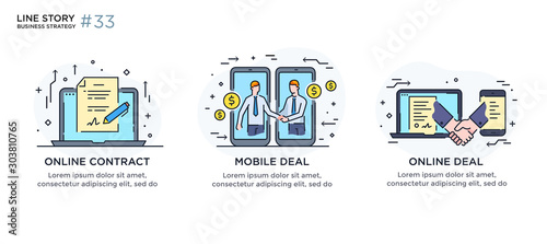 Set of illustrations concept with businessmen. Workflow, growth, graphics. Business development, milestones. linear illustration Icons infographics. Landing page site print poster. Line story