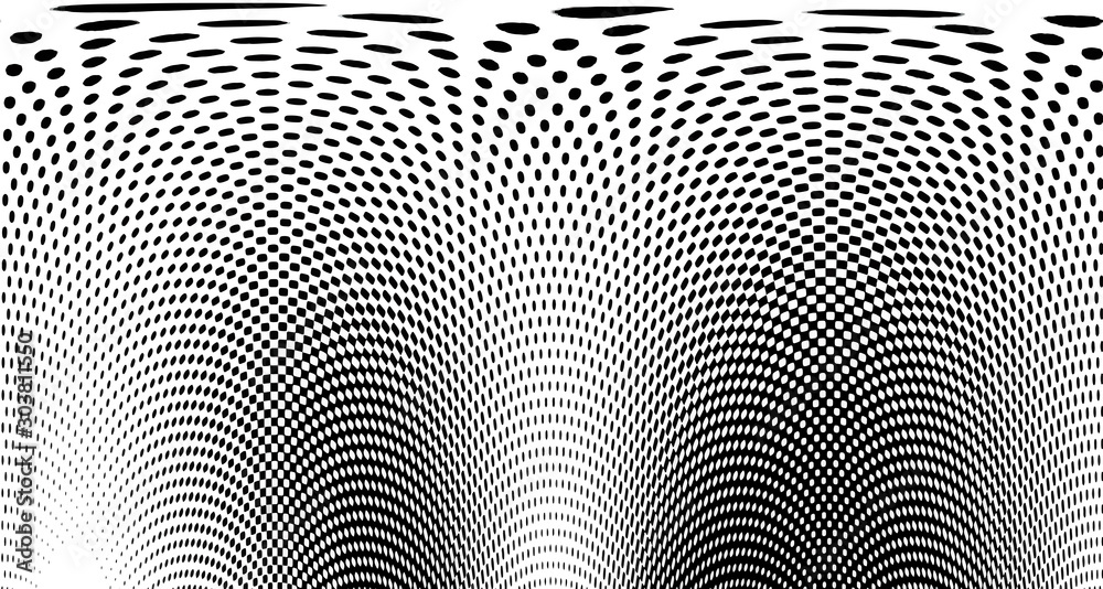 Halftone wave psychedelic background. Curved gradient texture or pattern. Vertical gradient dots. Pop art texture. Vector illustration.