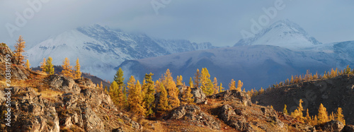 Panoramic autumn view. Bad weather in the mountains, snow falls on the peaks. Rocky slopes with a rare forest.