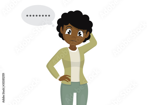 Cartoon character Poses, Young African woman scratching head pensive gesture and forgetful face expression.