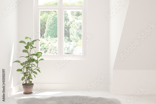 Stylish empty room in white color with summer landscape in window. Scandinavian interior design. 3D illustration