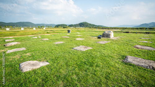 Hwangnyongsa Temple site landscape view with remaining stones of the ruins of the Buddhist temple Gyeongju South Korea photo