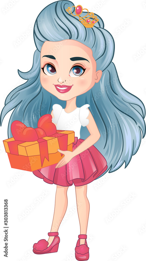 Cute girl character with gift. Happy girl give a gift. Vector illustration. Cute girl character with gift. Happy girl give a gift. Vector illustration.