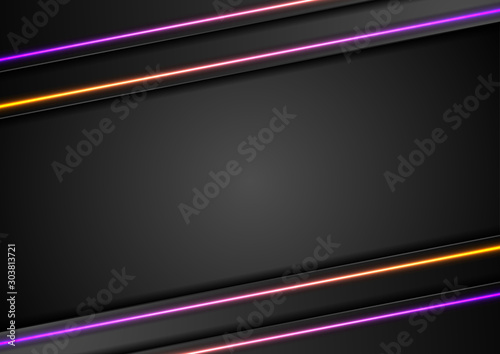 Futuristic corporate technology abstract background with orange violet neon glowing lines. Vector graphic design