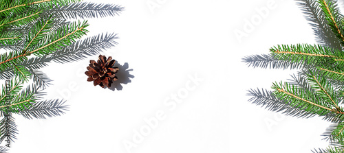Christmas fir concept frame on the white sunny background. Copy space. Winter holiday banner top view