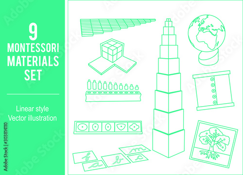 9 Montessori materials set. Linear art elements. Vector design. 