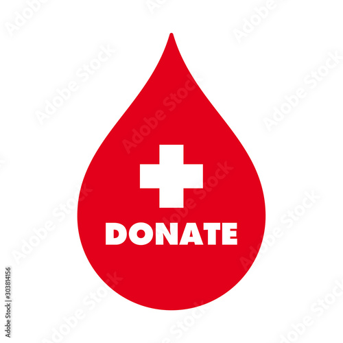 Vector red drop of blood with cross and text donate. Give blood Isolated on white background.