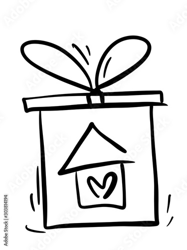 A gift box and a house in it. New apartment. The house as a gift. The icon is drawn by hand. Sketch.