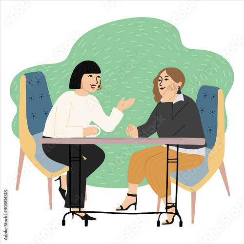 Vector cartoon illustration of two female friends sitting in a cafe drinking coffee and talking. Life, conversation, friendship concept, vector hand drawn illustration.