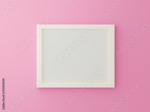 White blank photo frame on pink background in gallery. 3d render illustration. Empty mock up clean sweet picture on pastel texture. Valentines and minimal concept. Interior design. Horizontal.