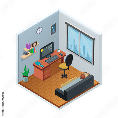 Isometric interior home office room concept design