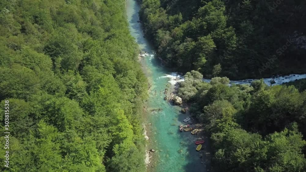 The View from the Drone on the white Waters Ljutica River, Which Flows into the Tara River. Rafts on the River Bank. Splavarenje Rijekom Tarom.