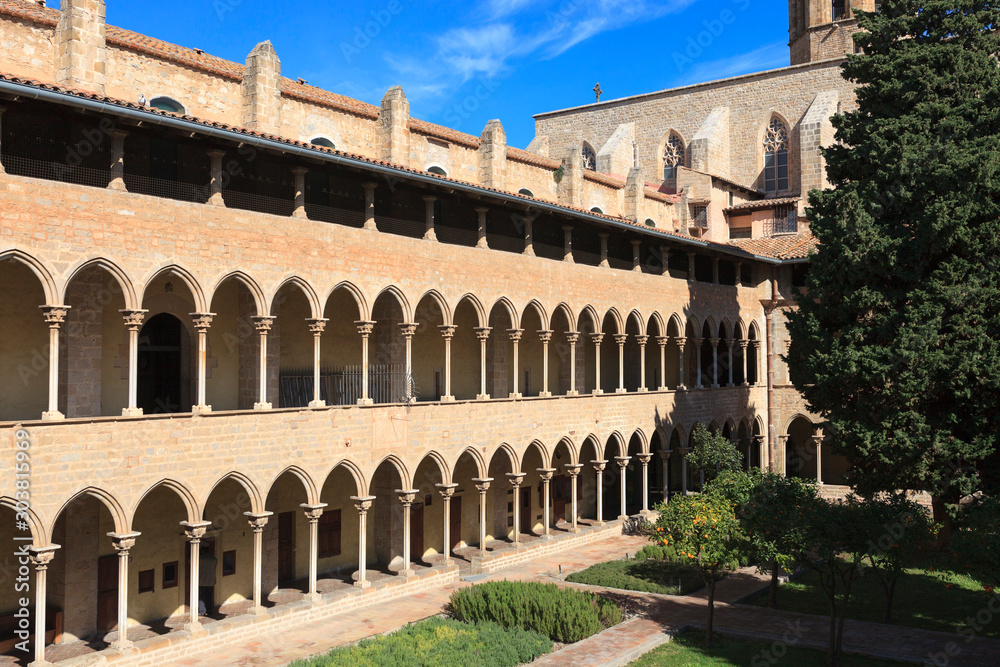 View of inner courtyard of Pedralbes Monastery in Barcelona, Spain