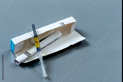 box or package of Flu prevention vaccine or protection programe on grey background photo