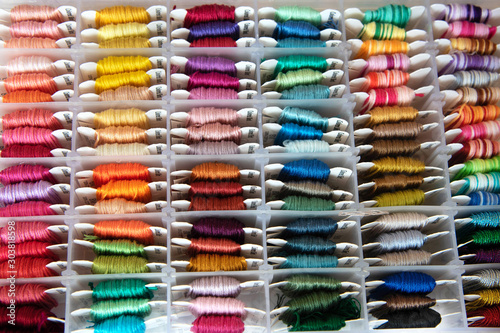 Set of multi-colored cotton threads. Colorful mouline threads. Top view