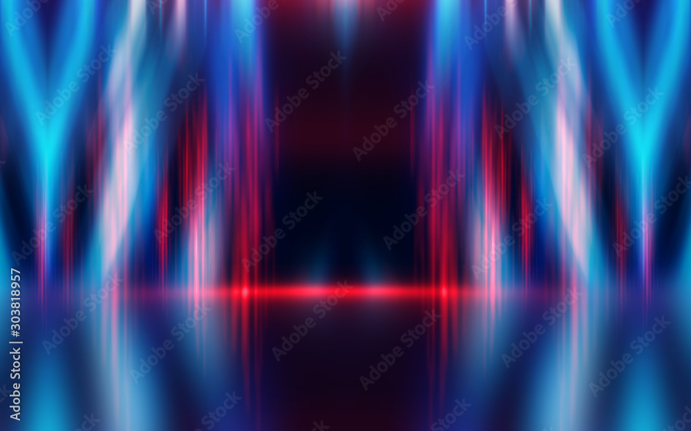 Empty dark abstract background. Background of an empty show scene. Glow of neon lights on an empty stage. Empty dark abstract background. Background of an empty show scene. Glow of neon lights on an empty stage.