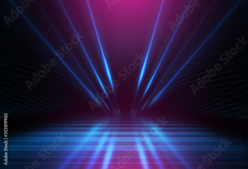 Empty dark abstract background. Background of an empty show scene. Glow of neon lights on an empty stage.