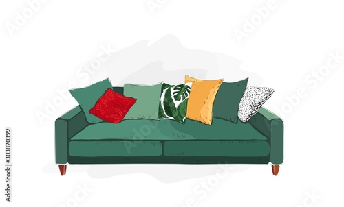 Vector illustration of green sofa isolated on white background.