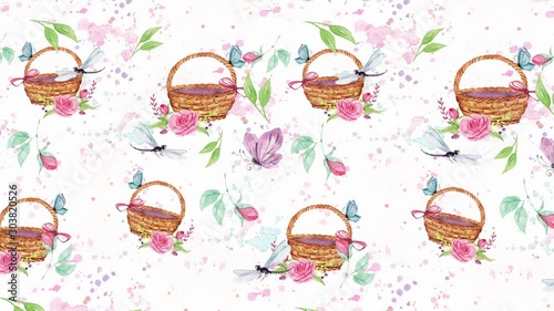 Abstract background with hand drawn watercolor cats and flowers. Seamless looping 4K footage. 
