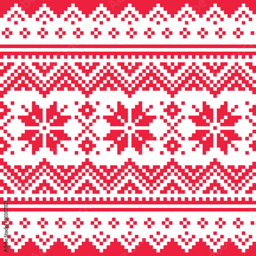 Christmas vector seamless winter pattern, inspired by Sami people, Lapland folk art design, traditional knitting and embroidery