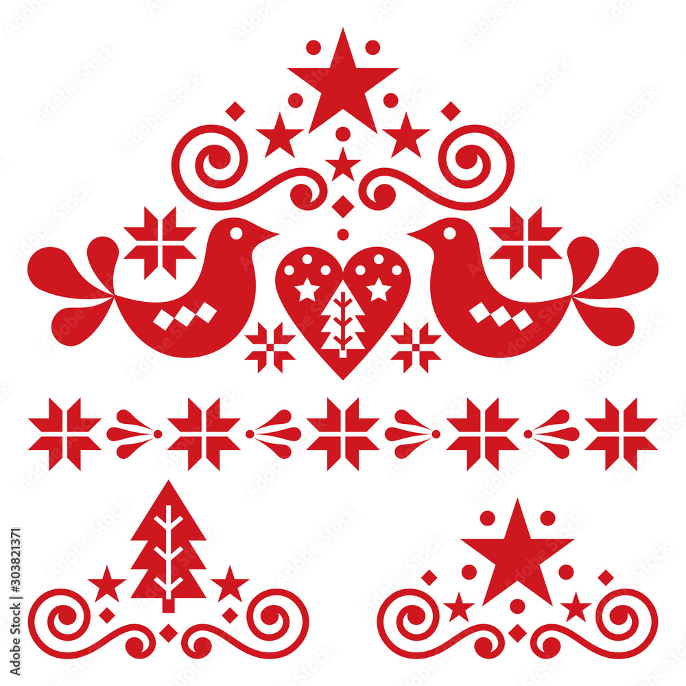 Xmas scandinavian folk art vector design set - Christmas single patterns collection, cute floral ornament with birds, snowflakes and Christmas trees