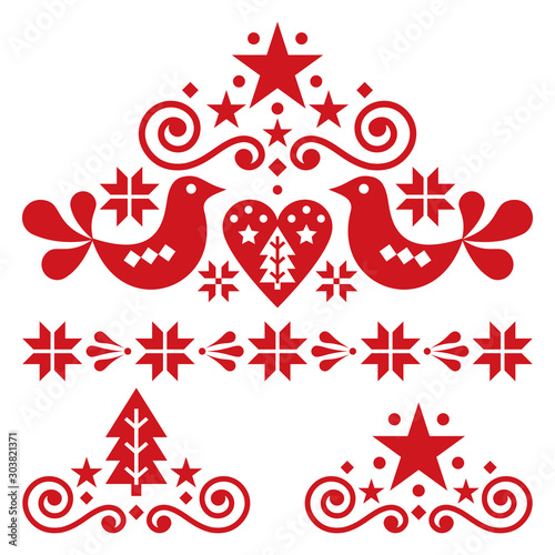 Xmas scandinavian folk art vector design set - Christmas single patterns collection  cute floral ornament with birds  snowflakes and Christmas trees