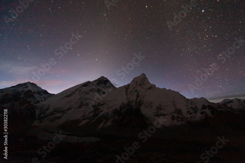 Night view Of Mount Everest and Nuptse with stars, In the Sagarmatha national park, Himalayas, Nepal