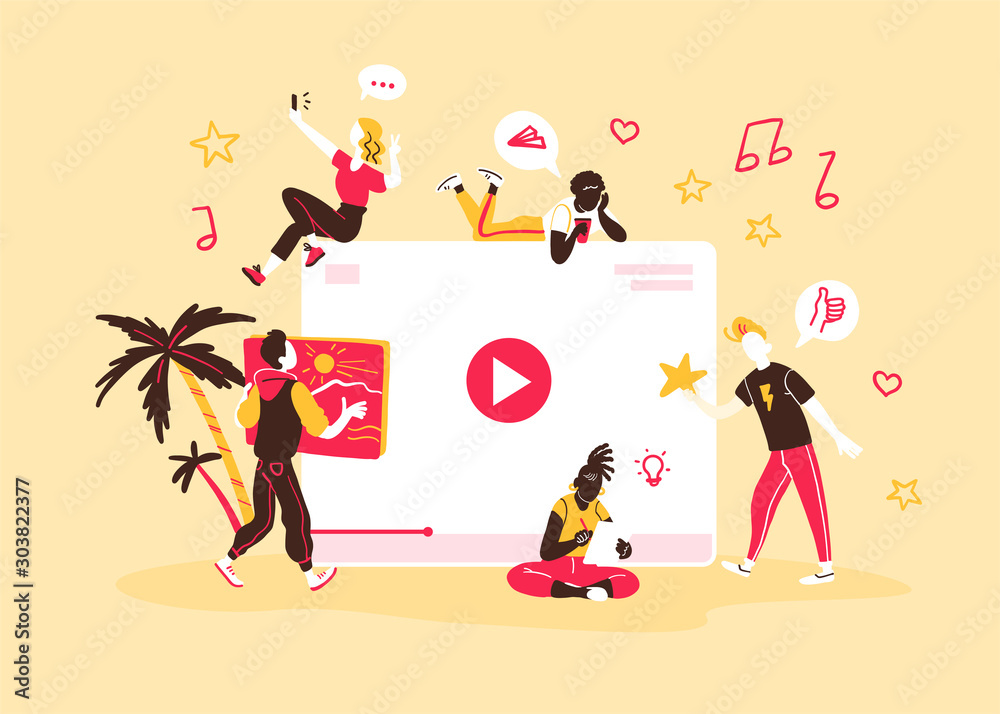 Concept for people generating and watching different internet content types. Bloggers, copywriters, designers freelancers making online video, photo and other projects. Vector flat illustration. Concept for people generating and watching different internet content types. Bloggers, copywriters, designers freelancers making online video, photo and other projects. Vector flat illustration.