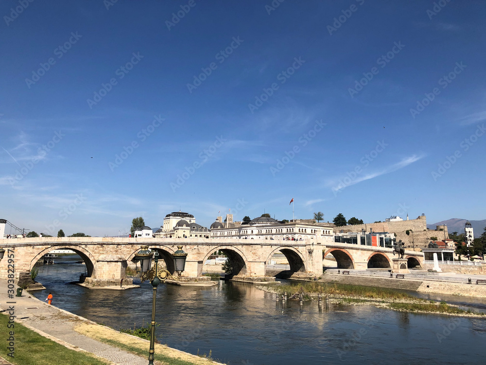 Bridge over Vardar river in the centre of Skopje, North Macedonia