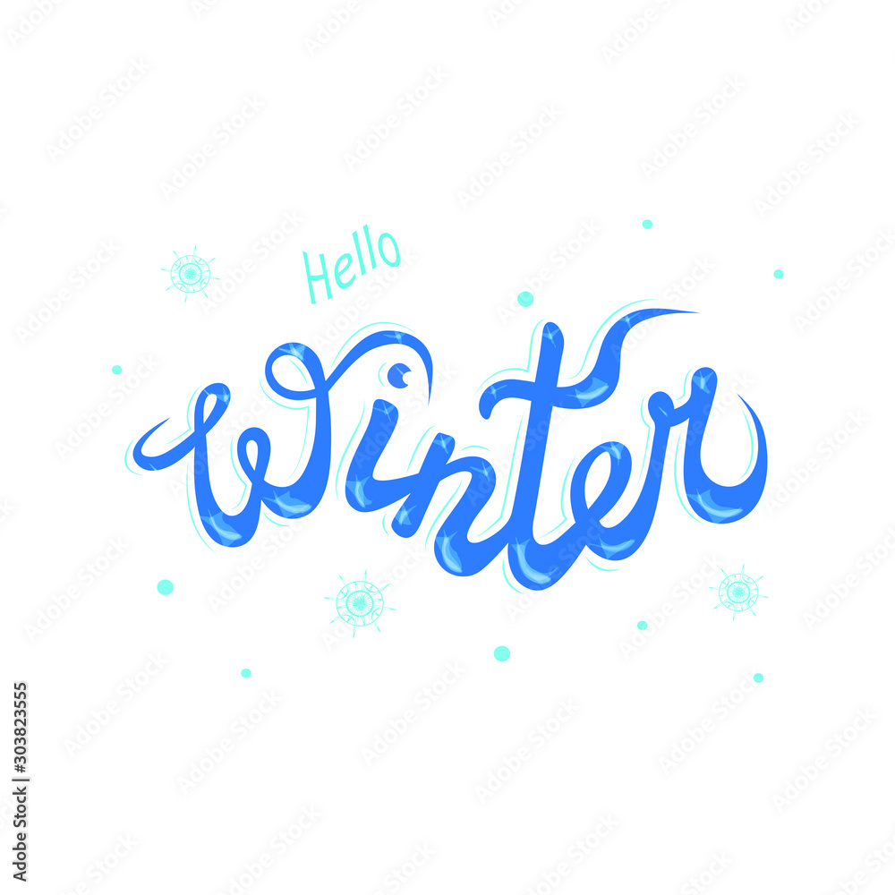 Hello Winter, nice cute bounce style lettering with ornate snowflakes. Hand-drawn dark-blue design with 3d effect inking and flare spots on white background, for prints, design, decor