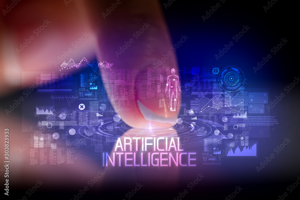 Finger touching tablet with web technology icons and ARTIFICIAL INTELLIGENCE inscription Finger touching tablet with web technology icons and ARTIFICIAL INTELLIGENCE inscription