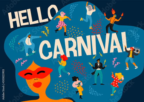 Hello Carnival. Vector illustration of funny dancing men and women in bright modern costumes.