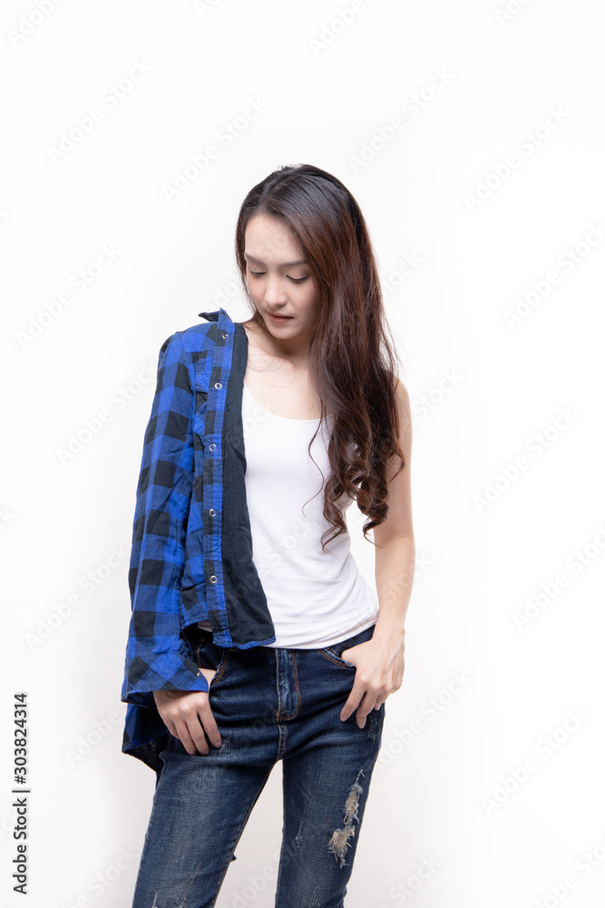 Studio beauty shot concept. Attractive beautiful young asian woman smiling cheerfully with long hair brunette wearing white casual T-shirt standing isolated on white background. Studio beauty shot concept. Attractive beautiful young asian woman smiling cheerfully with long hair brunette wearing white casual T-shirt standing isolated on white background.