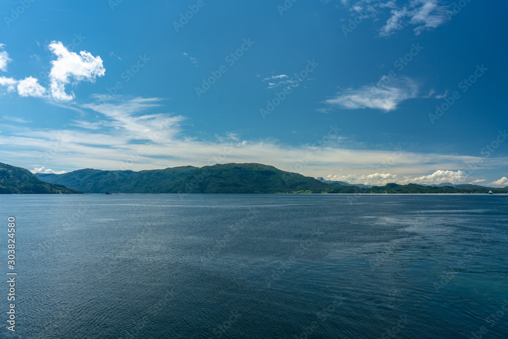 Beautiful view of a fjord or bay in Norway on a sunny summer day