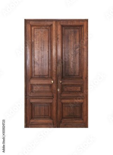 Old dark brown wooden door isolated