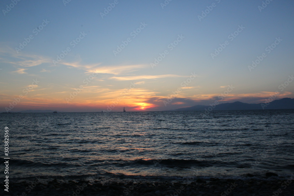 Sunset, Mykonos island in the Aegean sea, Greece, Cyclades