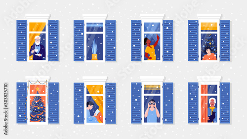 People in window frames. Neighbors that live in apartments. Christmas snowfall. New year celebration. The facade of the house. Vector flat illustration