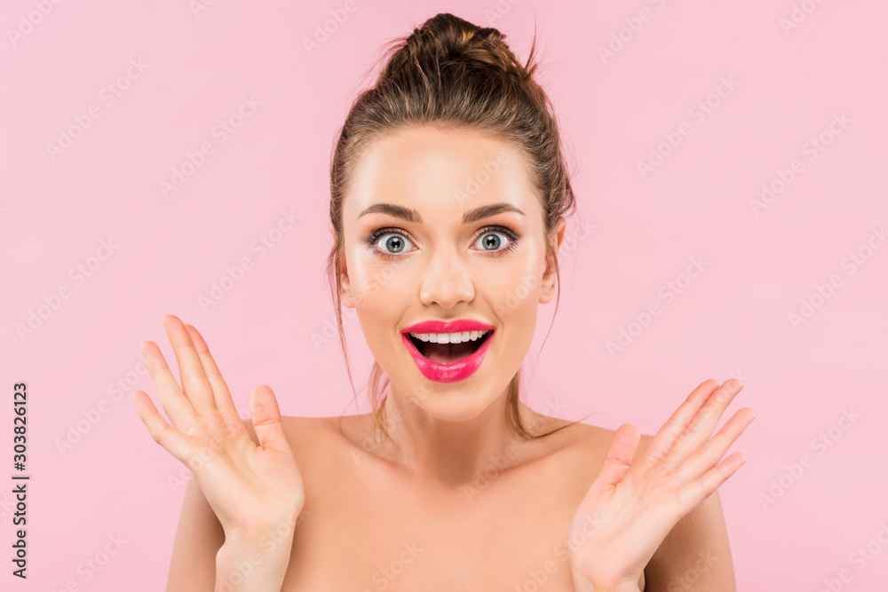 shocked naked beautiful woman with pink lips isolated on pink shocked naked beautiful woman with pink lips isolated on pink
