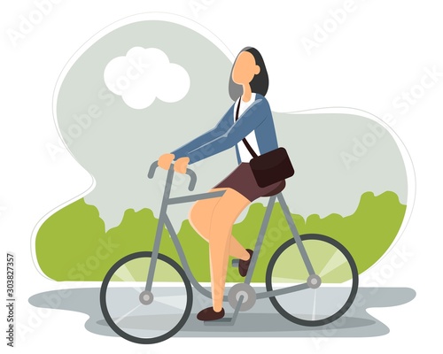 Businesswoman riding bicycle to office. Eco friendly trendy city bike to work. Vector flat illustration.