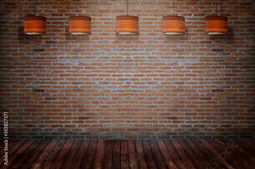 brick room with ceiling lamp