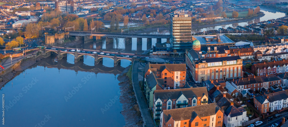 Εκτύπωση καμβά An aerial view at sunrise of Newport city centre, south wales United Kingdom, ta