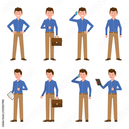 Young, happy, confident blue shirt man vector illustration. Standing with hands on hips, drinking coffee, talking on phone, using tablet, writing notes, thumbs up boy cartoon character set on white