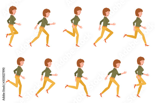 Young adult woman in yellow pants running sequence poses vector illustration. Fast moving forward office cartoon character set on white backgroun