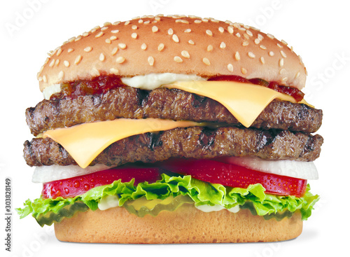 Obraz na płótnie Burger with cheese, double beef, tomato and salad isolated on white background
